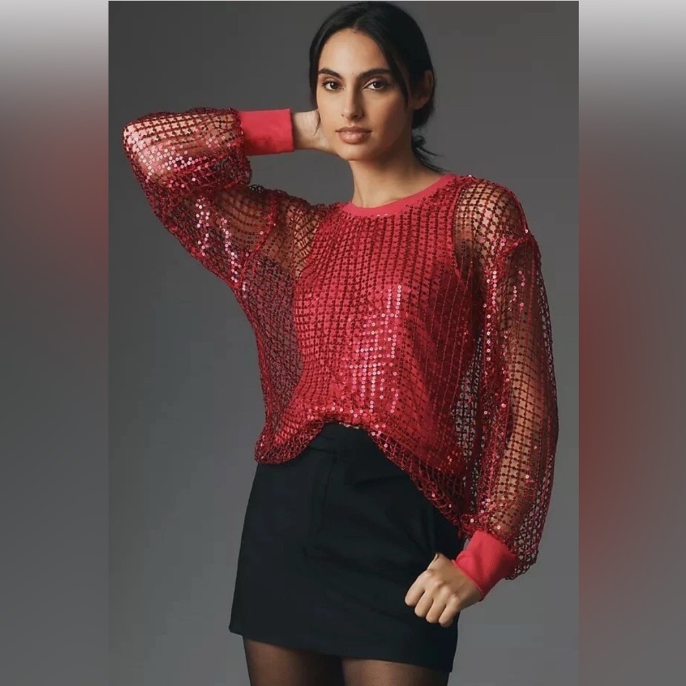 Anthropologie NEW Pilcro Long-Sleeve Sequin Top Raspberry Pink medium